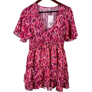 Zara‎ Women's Dress Large Flounce Hem Elastic Waist Metallic Thread Printed Mini